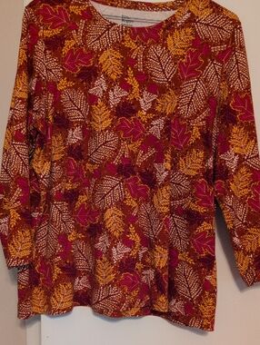 Kim Rogers Rust Leaf-Print Long Sleeve Top with Mustard & Magenta Accents
